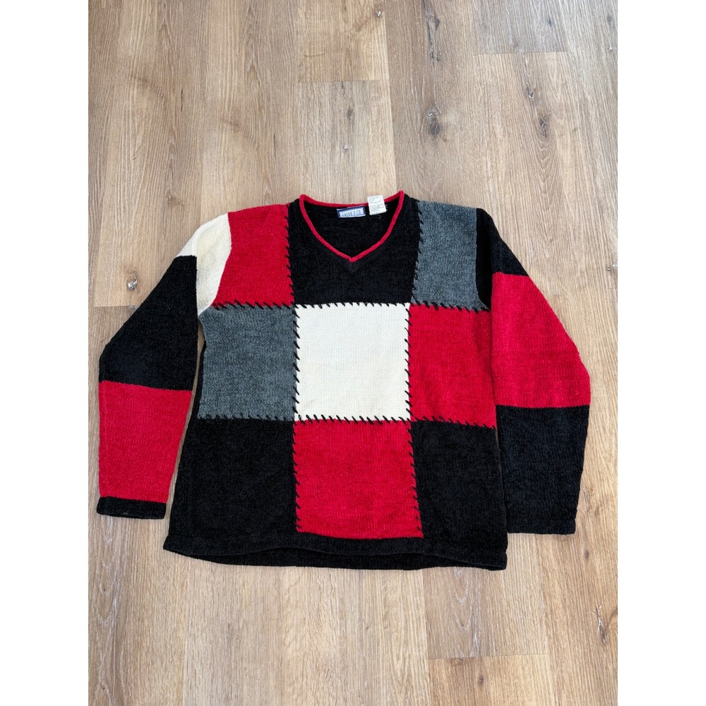 VTG Erika & Co Y2K Colorblock Patchwork Sweater Womens M Red Black White Grey
